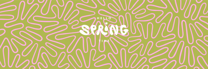 Obraz premium Abstract 1:3 spring background. Hello SPRING time lettering. Twisted hand drawn lines fluid curved stripes waves. Funky maze ornament, groovy hippie pattern banner. Doodle uneven wavy organic line
