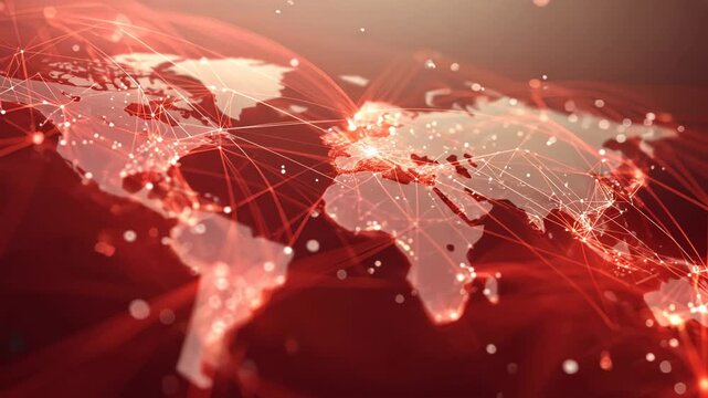 World map with red network connections and warm crimson tones, blending tech and luxury elements, smart connected city, global network