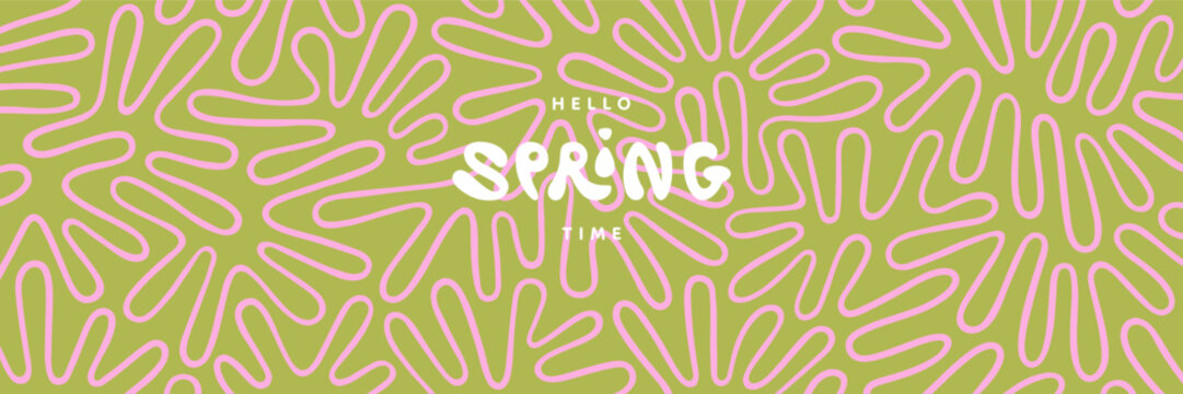 Abstract 1:3 spring background. Hello SPRING time lettering. Twisted hand drawn lines fluid curved stripes waves. Funky maze ornament, groovy hippie pattern banner. Doodle uneven wavy organic line