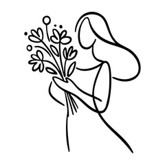 Dibujo sencillo con líneas de mujer de pie con un ramo de flores en la mano  © teracreonte