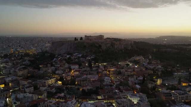 Acropolis Parthenon ancient greek landscape sunset over Athens Greece, aerial drone