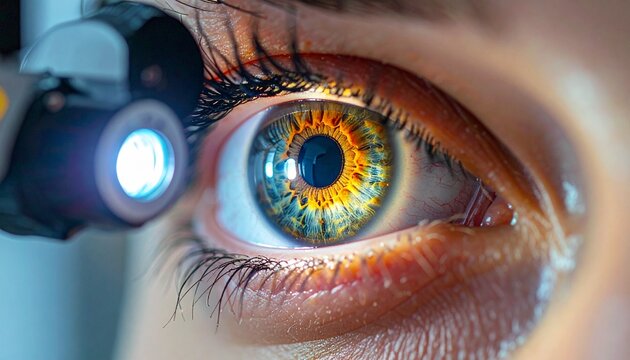 Close-up of a striking human eye, illuminated by a medical light during an optometry exam, revealing vibrant, multi-colored iris details and sharp pupil, emphasizing vision care and precise examinatio