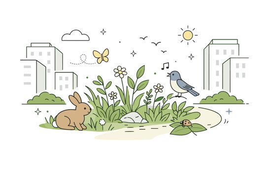 Urban rewilding concept. Minimal editorial scene showing wild plants growing between buildings or pathways, with small animals like butterflies and birds