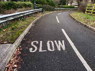 Obraz premium Slow down on the curved Manchester street with autumn leaves and greenery in the UK
