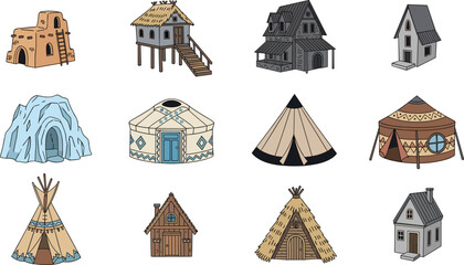 Traditional modern house icons set, cultural dwelling silhouettes, adobe stilt Victorian igloo yurt teepee cabin cottage hut vector illustration pack © Farzana