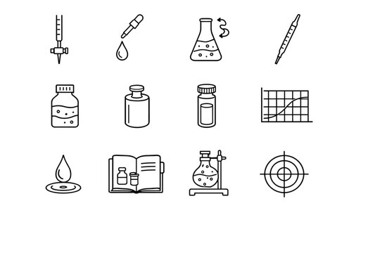 Analytical Chemistry Icons. Analytical chemistry reagents. Line icon set of Analytical chemistry reagents: titration burette, indicator reagent drop, color