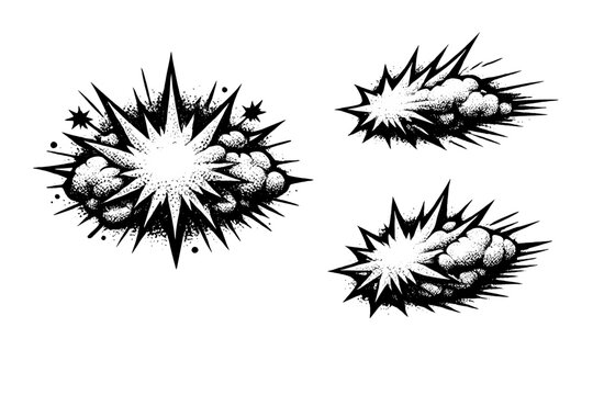 Comic halftone punch impact effect, a single explosive impact effect object shown in front view, angled side view, and three-quarter dynamic