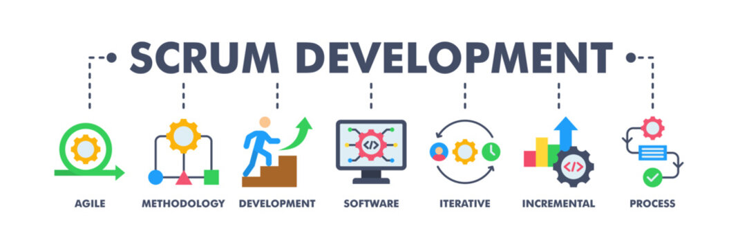Scrum development banner web flat vector illustration concept with icon of agile, methodology, development, software, iterative, incremental and process
