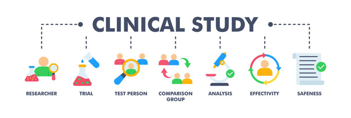 Clinical study banner web flat vector illustration concept for clinical trial research with an icon of researcher, trial, test person, comparison group, analysis, effectivity, and safeness