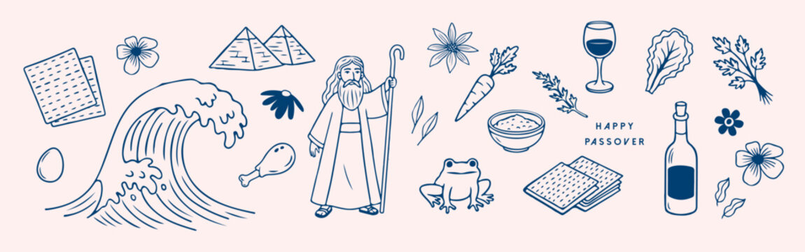 Passover Vector Illustration Set. Moses, Exodus Symbols, Matzah, Wine, Seder Plate Elements and Jewish Holiday Icons Collection. vector illustration