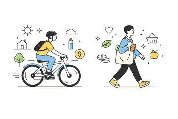 Naklejka premium Budget-friendly lifestyles. Person commuting by bike or walking with reusable bag, calm urban background. Sustainable habits and everyday