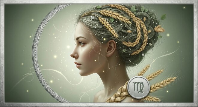 Ethereal Virgo Maiden Portrait with Woven Wheat in Filigree Silver Frame, Verdant Sage Background