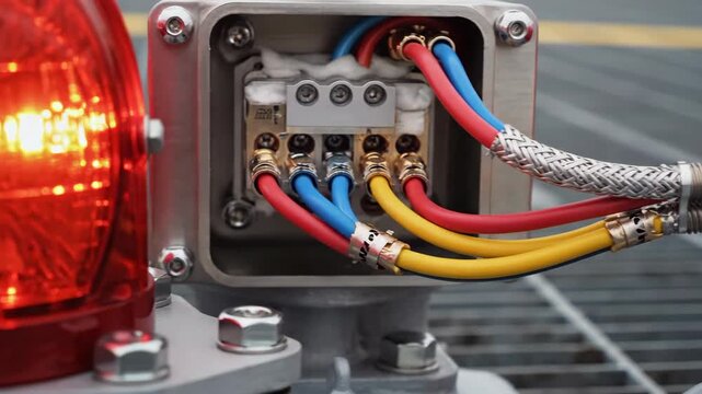 Electrical wiring inside a junction box connected to a security light, showing the components before ignition and during illumination.