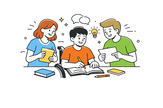 Peer support and collaboration. Two students helping a classmate with a disability complete an assignment, exchanging notes and smiling.