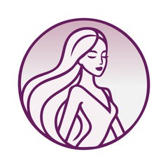 Logotipo de salón de belleza. Dibujo con líneas de mujer de perfil con peinado con ondas en interior de un círculo con relleno degradado  © teracreonte