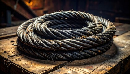 A coil of frayed steel cables, showing wear and tear, resting on a rough wooden surface, captured in a photorealistic DSLR style.
