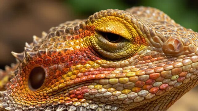Close up of a detailed colorful bearded dragon head showing scales and eye movement, reptilian beauty concept.