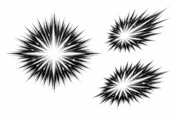 Halftone dotted radiating glow background, a single radiating glow object shown in centered front view, offset angled view, and three-quarter perspective view