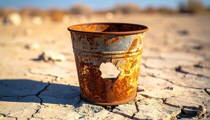 FlyPro Firefly image of an empty, rusty bucket with a large hole in its base, positioned on a severely dry, cracked surface under bright sunlight.