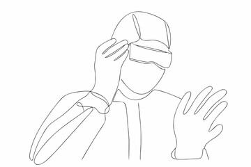 Line art illustration of a person wearing a virtual reality headset © MituRani