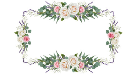 Elegant floral frame with white and pink roses, eucalyptus leaves, and lavender sprigs isolated PNG with Transparent Background