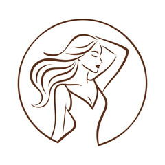Logotipo de salón de belleza. Dibujo con líneas de mujer de perfil con peinado con ondas y brazo levantado en interior de un círculo abierto  © teracreonte