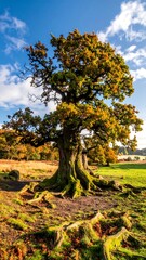 Fototapeta premium A large tree with exposed roots in a field