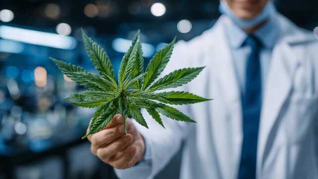 201A person in a lab coat holds a large green cannabis leaf, showcasing its distinct serrated edges in a well-lit environment, side-angle shot with leaf angled toward camera, soft ove