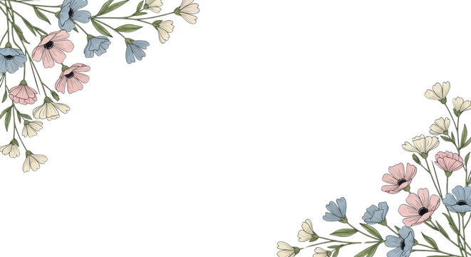 Delicate pastel floral corner border design with blue, pink, and cream flowers isolated PNG with Transparent Background