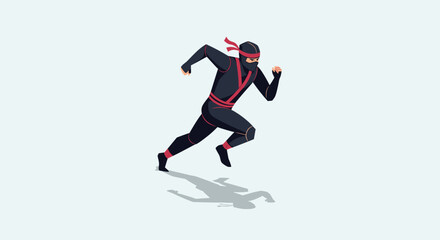 Obraz premium Illustrated ninja running swiftly. Depicted in black and red suit on light background. Useful for gaming, animation, marketing, and web design.