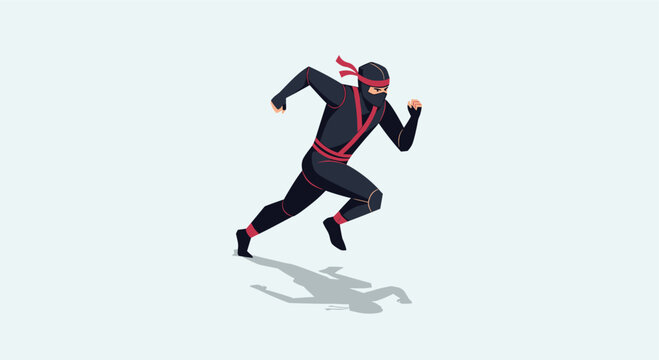 Illustrated ninja running swiftly. Depicted in black and red suit on light background. Useful for gaming, animation, marketing, and web design.