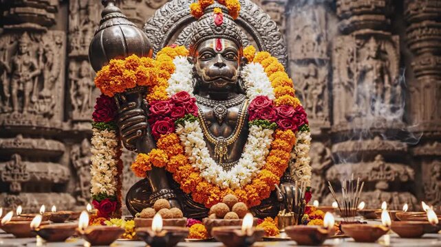 Deity hanuman statue in temple with traditional offering and butter lamps for worship prayer service