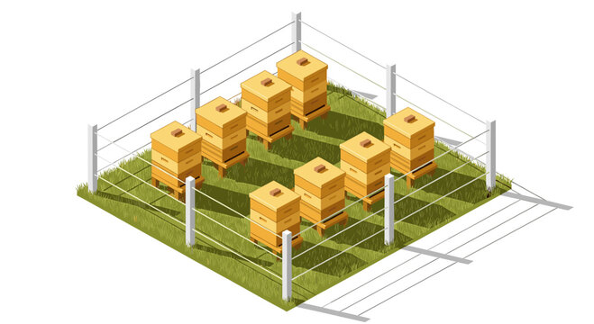 Isometric illustration of wooden beehives within a fenced area on grass. Ideal for beekeeping, agriculture, or environmental awareness projects. Isolated on white background.