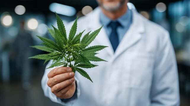 215A person in a lab coat holds a large green cannabis leaf, showcasing its distinct serrated edges in a well-lit environment, clean studio-style lighting with neutral backdrop, leaf