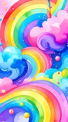 Vibrant, swirling rainbow colors blend into fluffy clouds, forming a whimsical, cheerful, abstract fantasy landscape