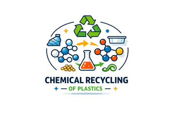 Fototapeta premium Chemical recycling of plastics highlighting molecular level transformation beyond traditional recycling methods. A visual badge with abstract