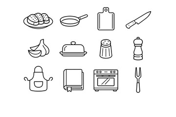 Home Cooking Icons. Home cooking. Line icon set of Home cooking: garlic bread plate, frying pan, cutting board, kitchen knife, garlic clove, butter dish, salt