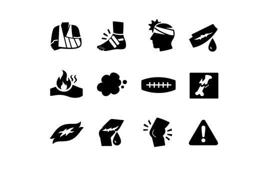 Medical injury types. Solid icon set of Medical injury types: broken arm cast, sprained ankle, head injury, cut wound, burn injury, bruise mark, stitched