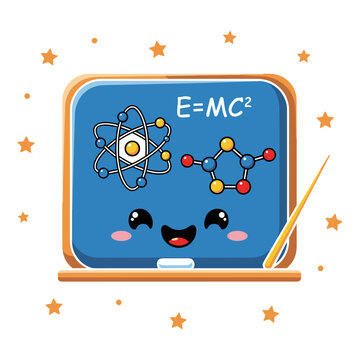 Cartoon chalkboard with atom and molecule illustrations emc2 equation and smiling face in a whimsical educational setting with stars