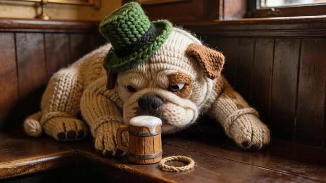 Knitted bulldog with green hat and beer mug for St. Patricks day celebration and charm