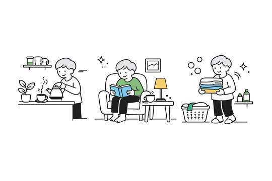 Gray hair everyday normality at home. A gray-haired person prepares tea, reads, or tidies up in a simple interior, moving slowly and comfortably. The mood is