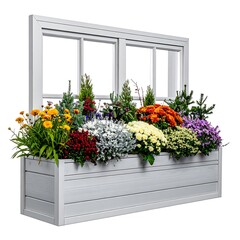 White planter box with various colorful flowers and green plants set against a multi-window frame backdrop