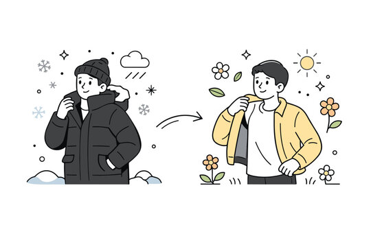 From cold to warm. A person changing from a coat to a light jacket as the environment shifts from snowflakes to flowers. Gentle transformation mood with clean