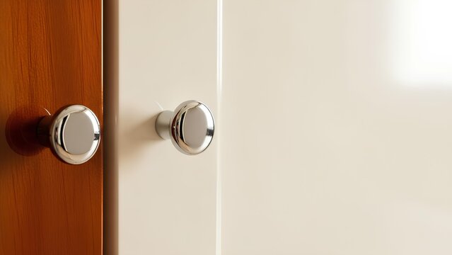 Closeup of Two Silver Cabinet Door Knobs.