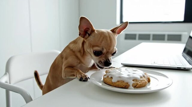 Small chihuahua dog on chair licking cookie on white plate and table with laptop, pet eating dessert concept