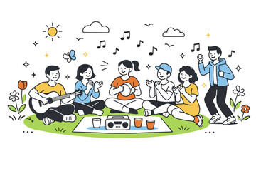 Social connection themes in spring events. A group participating in a simple outdoor activity, such as music or games, with spring elements