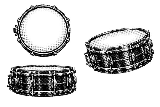 Music instrument drum snare with tension rods shown as a single object in top view, side view, and three-quarter angled view. Black and white dot style with