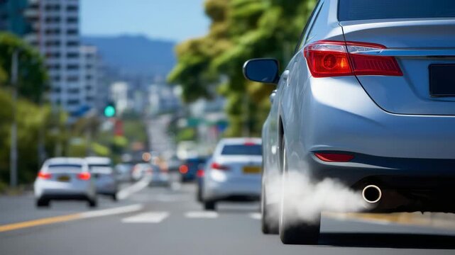260Traffic jam with vehicles emitting exhaust smoke on a congested road, close up, macro perspective of exhaust pipe with smoke, droplets of condensation on metal, cars packed tightly