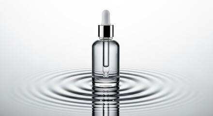 Serum bottle with dropper creating ripples in calm water, showcasing liquid beauty product