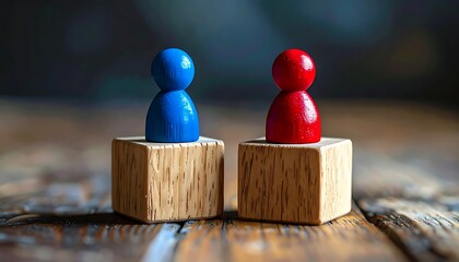 Two painted game pieces, blue and red, atop wooden blocks, resting on a textured wooden surface, with a soft backdrop